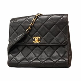 Chanel Matelasse Shoulder Bag with Chain Bag, Lambskin, Black, Women's