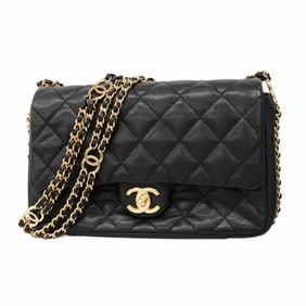 Chanel Matelasse Shoulder Bag with Chain Bag, Caviar Skin, Black, Women's