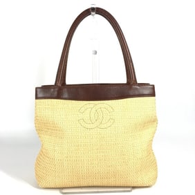 CHANEL CC Coco Mark Logo Tote Bag Shoulder Raffia/Leather Women's Beige