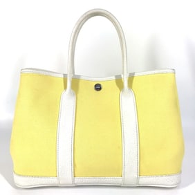 HERMES Garden Party TPM Tote Bag, Toile H Leather, Yellow, Women's