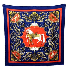 HERMES Carré 90 Scarf Cheval Turc Turkish Horse Red Navy Cashmere for Men and Women