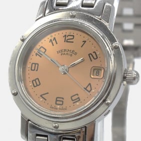 HERMES Clipper CL4.210 Quartz Watch in Stainless Steel, Pink Gold, Orange, and Silver for Women