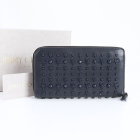 Jimmy Choo Star Stud Leather Long Wallet with Round Zipper, Navy Blue, Women's