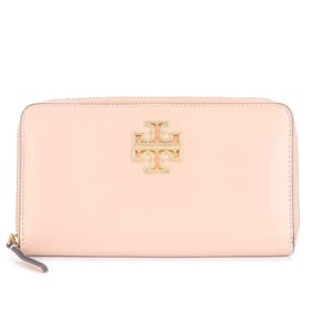 Tory Burch Double T Leather Long Wallet, Bifold, Round Zipper, Pink, Women's