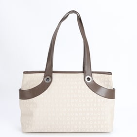 Bvlgari Logomania Leather Canvas Tote Bag Shoulder Handbag Women's