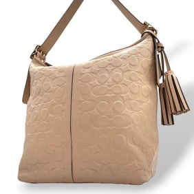 Coach Signature Embossed Leather Hobo Tote Shoulder Bag with Tassel, Beige, T3