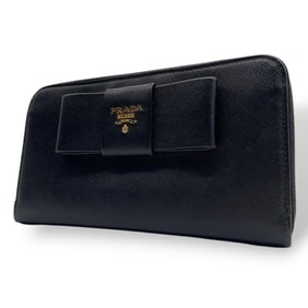 Prada long wallet, black ribbon, Saffiano leather, round zipper, gold hardware, logo, PRADA W1