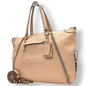 Coach 2-Way Tote Bag 34339, Pink Beige Leather with Chain Design, Crossbody Style, Women's Handbag,