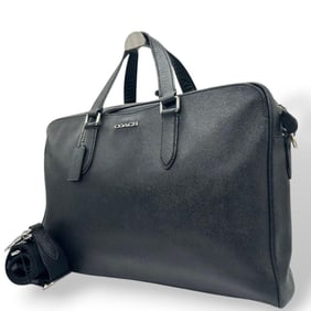 COACH Black Leather Business Bag, 2-Way Tote Handbag, Shoulder Crossbody Silver Hardware, Logo Tag,