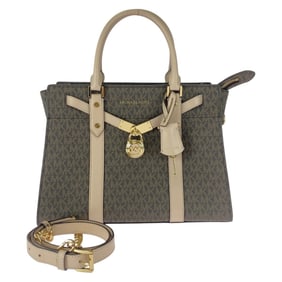 Michael Kors MK Signature Hamilton Satchel, Brown and Beige, 2-Way Handbag/Shoulder Bag, Women's