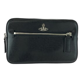 Vivienne Westwood black leather waist bag with silver hardware for women.