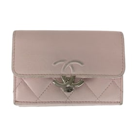 CHANEL Matelasse Coco Mark Pink Silver Hardware Leather Folding Wallet Compact Women's