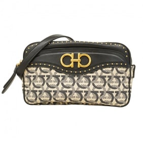 Salvatore Ferragamo Gancini Shoulder Bag in Leather and Canvas, Black Beige, Women's