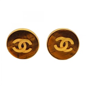 Chanel Coco Mark Circle Earrings, GP Plated Tiger Eye, Gold, Women's