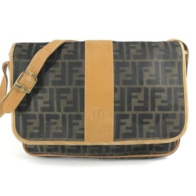 FENDI Zucca Logo Flap Shoulder Bag in PVC/Leather, Unisex, Brown