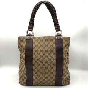GUCCI 232946 Tote Bag Handbag GG Canvas Leather Handle Brown Women's Men's