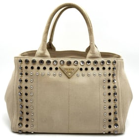 PRADA Prada Canapa Beaded Tote Bag, Handbag, Studded Canvas, Beige, Ivory, Women's