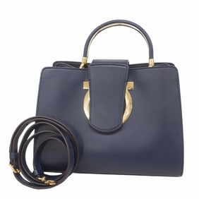 Salvatore Ferragamo Gancini Leather Handbag, Navy Blue, 2-Way Bag, Women's, P1480329