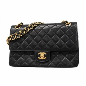 Chanel Matelasse Shoulder Bag with Double Flap and Chain, Lambskin, Black, Women's