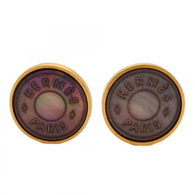 Hermes Serie Earrings, GP Plated Black Shell, Gold, Women's, P1342661