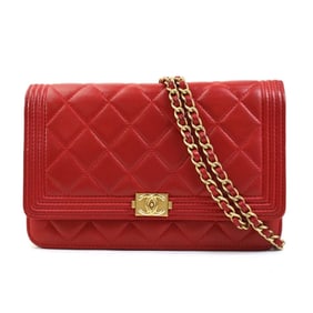 CHANEL Shoulder Bag Chain Wallet Boy Chanel Leather Metal Red Gold Women's w1223g