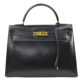 Hermes Hermès Kelly 32 Handbag, Box Calf Leather, Black and Gold, Women's, 90177a