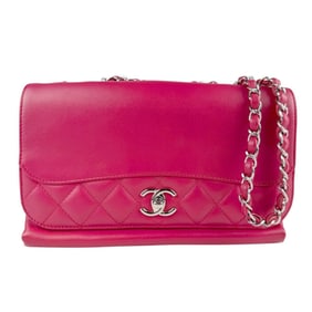 CHANEL Shoulder Bag Leather Metal Pink Red Silver Women's z6930