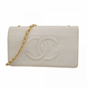 Chanel Shoulder Wallet Chain Caviar Skin White Women's