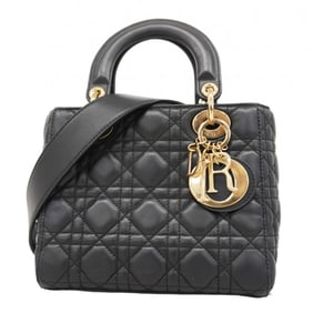 Christian Dior Cannage Lady Handbag in Black Champagne Leather