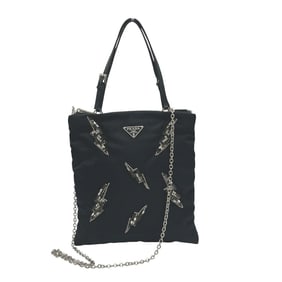 PRADA Prada Nylon Bag with Beads, 2-Way Handbag/Shoulder Bag, Black, Triangle, Women's