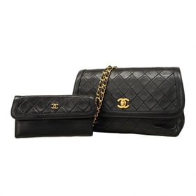 Chanel Matelasse Shoulder Bag with Chain Bag, Lambskin, Black, Women's, P1307296