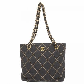 Chanel Tote Bag Wild Stitch Chain Shoulder Denim Black Women's