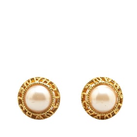CHANEL Logo Round Earrings, Gold Plated with Faux Pearls, Women's