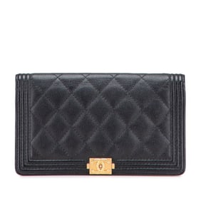 CHANEL Boy Chanel Long Wallet in Black with Antique Gold Hardware and Caviar Leather, Women's