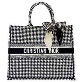Christian Dior Dior Women's Book Tote Bag, Medium, Canvas, Black and White, Houndstooth Pattern,
