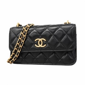 Chanel Matelasse Shoulder Wallet with Chain Bag, Lambskin, Black, Women's