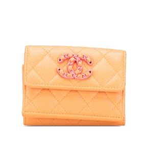 CHANEL Matelasse Coco Mark Compact Wallet, Tri-fold Orange Caviar Skin, Women's