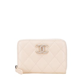 CHANEL Matelasse Coco Mark Rhinestone Wallet/Coin Case Beige Caviar Leather Women's