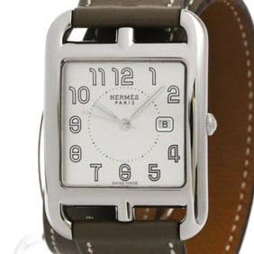 HERMES Cape Cod Steel Leather Quartz Mens Watch CC2.710 Polished