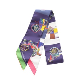 Hermes Hermès Twilly VOITURES EXQUISES Silk Scarf for Women, Navy, White, and Multicolor