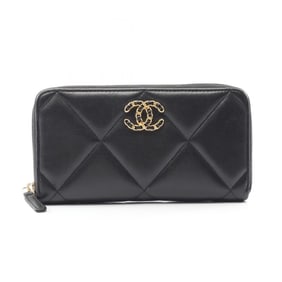 CHANEL 19 Round Long Wallet, Lambskin Leather, Women's, Black