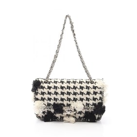 CHANEL Matelasse Double Flap Shoulder Bag, Canvas Fabric, Women's, White, Black