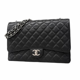 Chanel Shoulder Bag, Deka Matelasse, Double Flap, Chain, Caviar Skin, Black, Women's