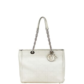 Christian Dior Dior Cannage Chain Tote Bag White Silver Leather Women's