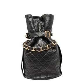 CHANEL Coco Mark Matelasse Drawstring Chain Shoulder Bag in Black Lambskin for Women