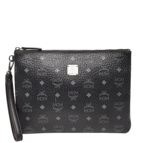 MCM Visetos Wristlet Zip Pouch Clutch Bag in Black Leather for Women
