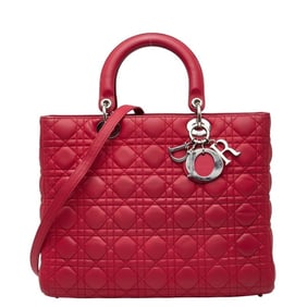 Christian Dior Dior Lady Cannage Large Handbag/Shoulder Bag, 2-Way, Red Leather, Women's