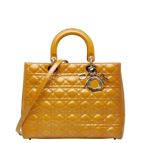 Christian Dior Lady Cannage Handbag/Shoulder Bag, 2-Way, Yellow Patent Leather, Women's