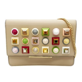 FENDI Multi-Stud Chain Wallet Shoulder Bag Leather 8M0346 Beige 189-0189 Women's