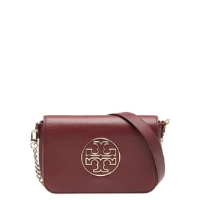 Tory Burch logo chain one-shoulder bag in wine red leather for women.